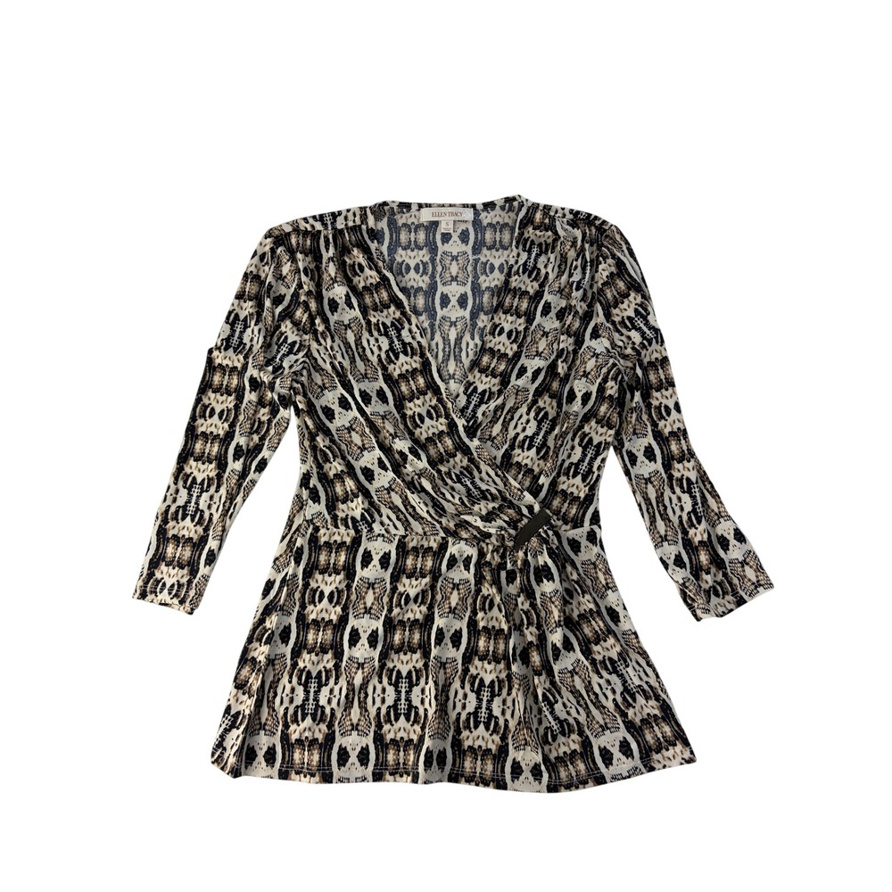 Ellen Tracy Top Womens S Enchantment Surplice Faux Wrap Brown Black NWT